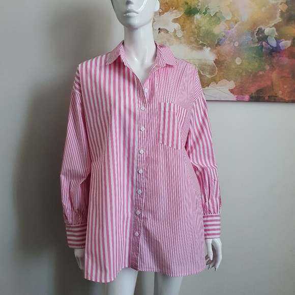 Decjuba Oversized Striped Pink White Button Up Shirt Size S NWOT - Picture 3 of 11